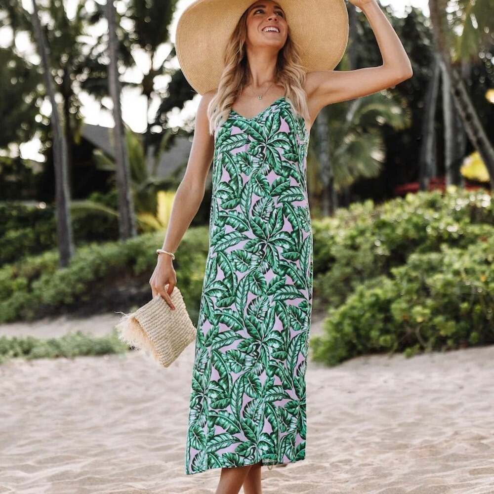 Kenny Flowers Beverly Hills Beach Dress Green Pink Floral Sleeveless Midi Medium